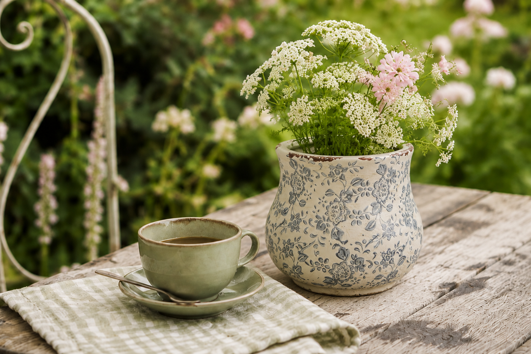 Clayre & Eef Blumentopf Blau Creme mit floralem Muster auf rustikalem Gartentisch mit Sommerblumen und Kaffeetasse im Landhausstil