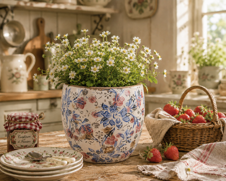 Clayre & Eef Keramik Blumentopf mit blauem und rosa Blumenmuster in romantischer Landhausküche mit Erdbeeren und Margeriten