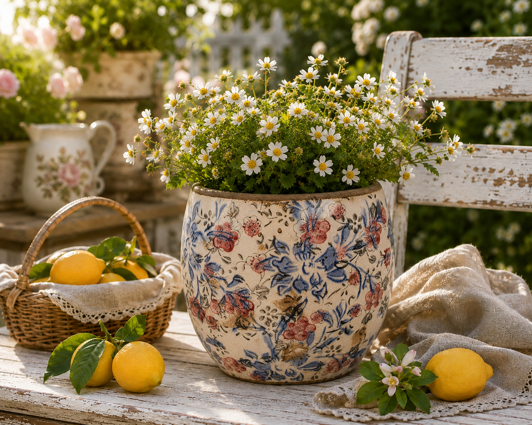 Clayre & Eef Blumentopf mit blau-rosa Blumenornamenten im sommerlichen Gartenstil mit Zitronen und weißen Blüten