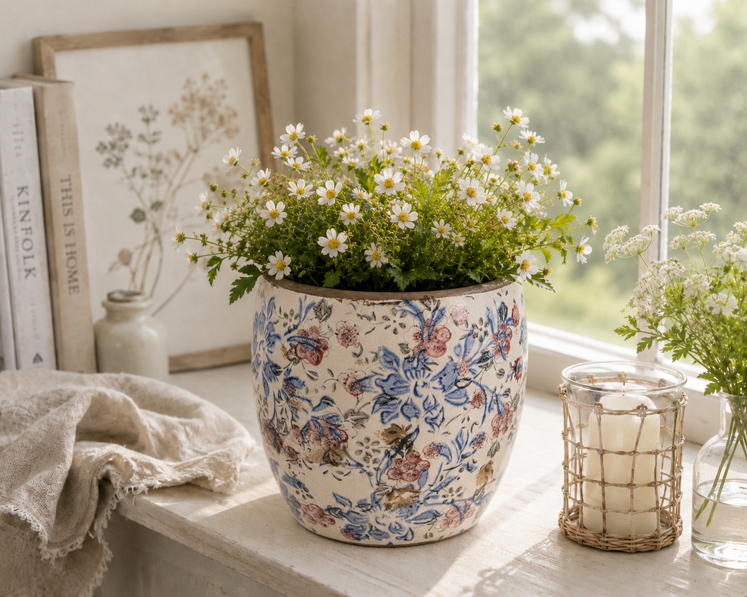 Clayre & Eef Blumentopf mit blau-rosa Blumenmuster auf heller Fensterbank im Landhausstil mit weißen Margeriten