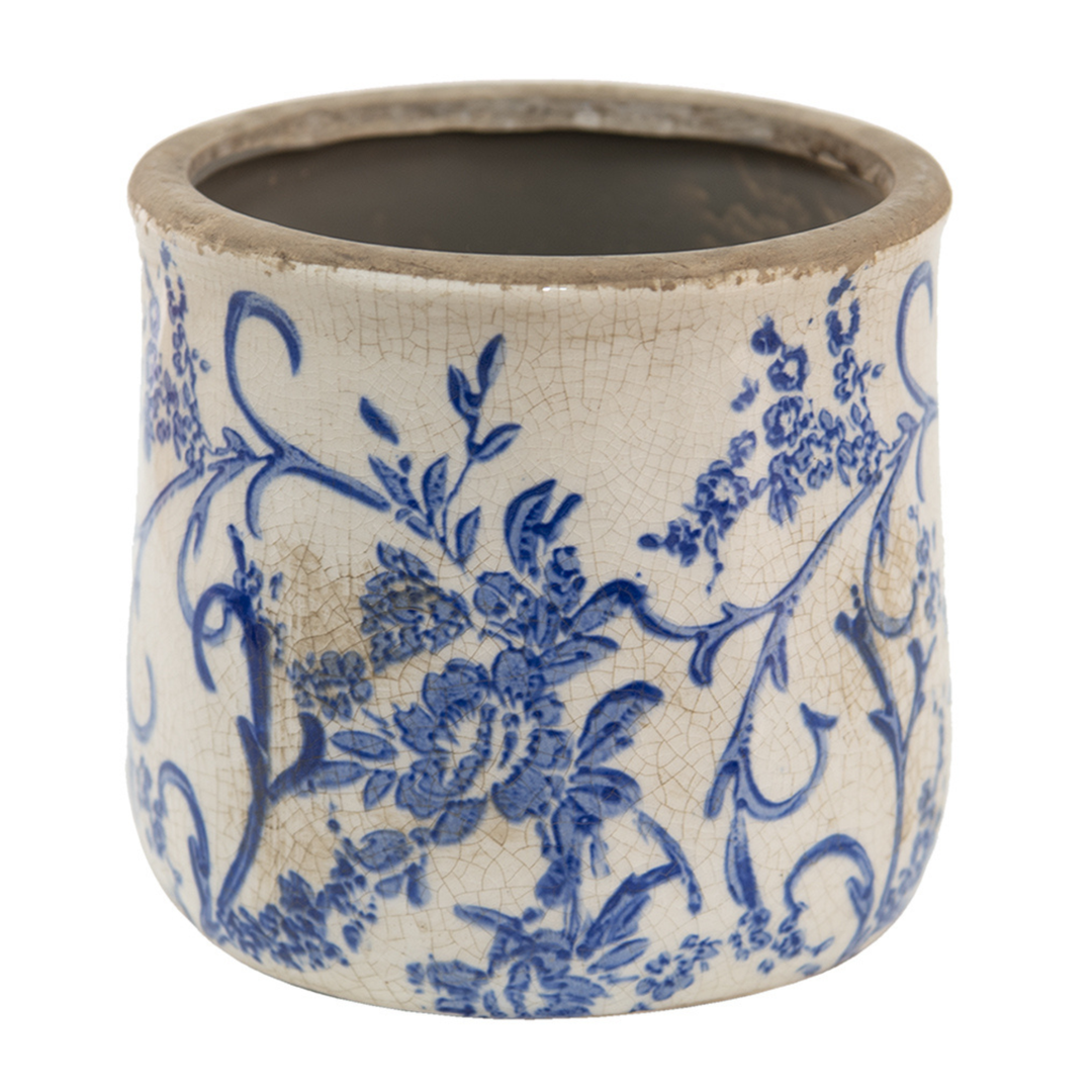 Clayre & Eef Innenblumentopf Ø 17 cm blau weiß mit Blumenmotiv aus Keramik im Landhausstil