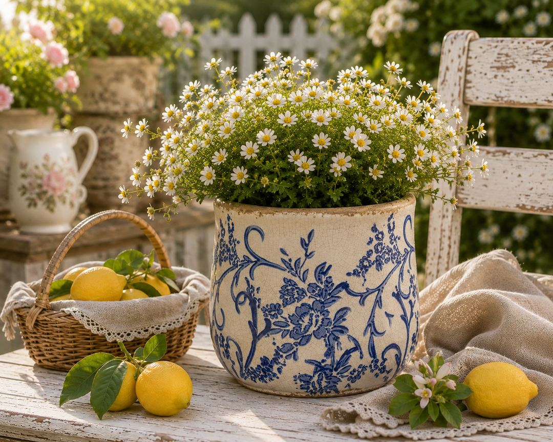 Clayre & Eef Übertopf Blau Weiß mit floralem Dekor und weißen Blumen auf sommerlichem Gartentisch im Landhausstil