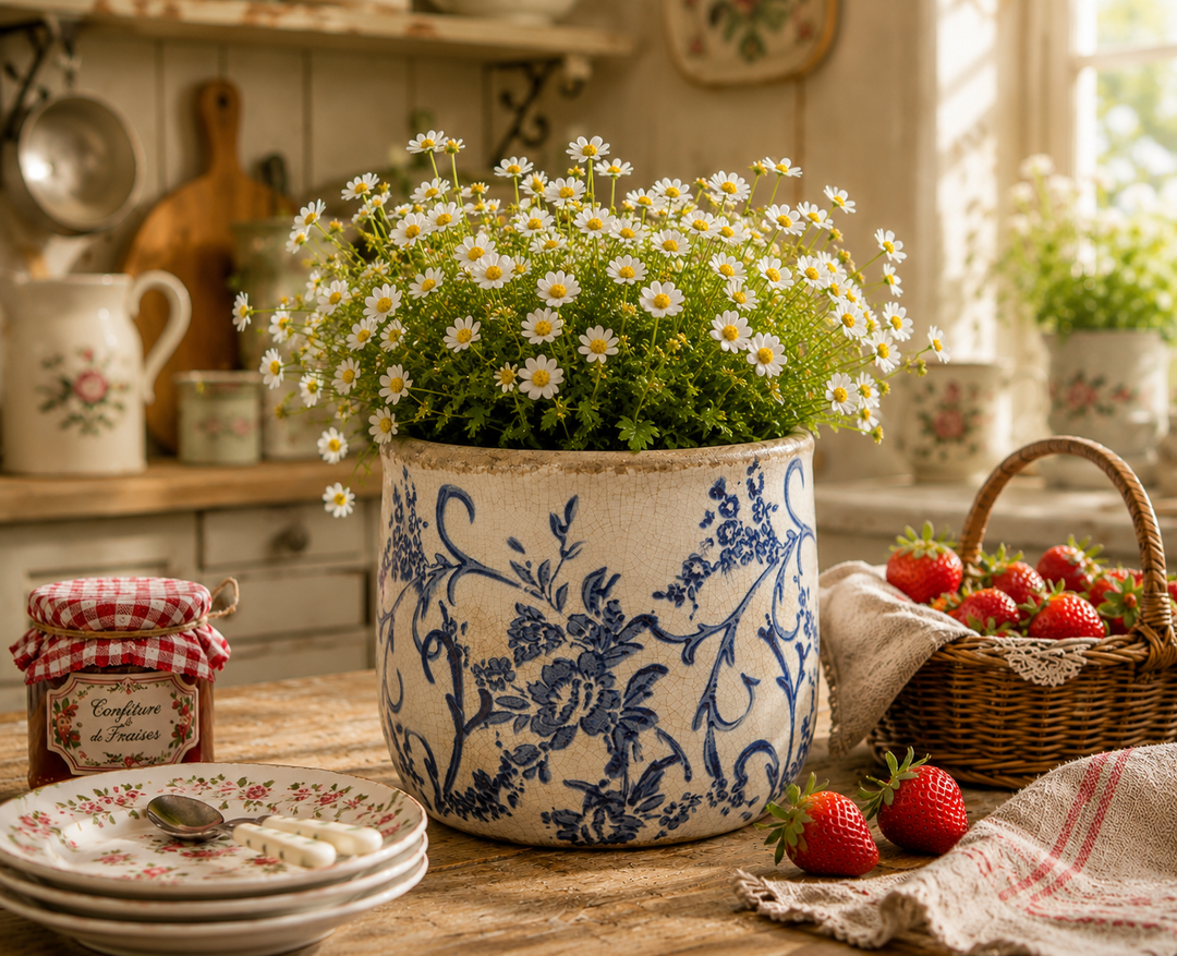 Blauer Clayre & Eef Keramik Blumentopf mit Blumenmuster und weißen Margeriten in romantischer Vintage Küche