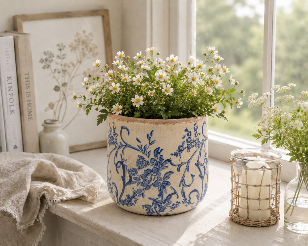 Clayre & Eef Blumentopf Blau Weiß aus Keramik mit floralem Muster auf heller Fensterbank im skandinavischen Landhausstil