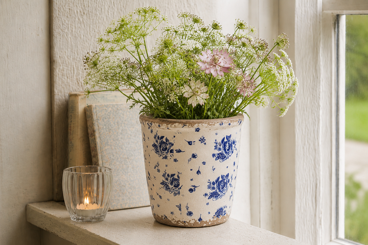 Vintage Blumentopf von Clayre & Eef mit blau-weißem Rosenmotiv und sommerlichen Wildblumen auf hellem Holztisch