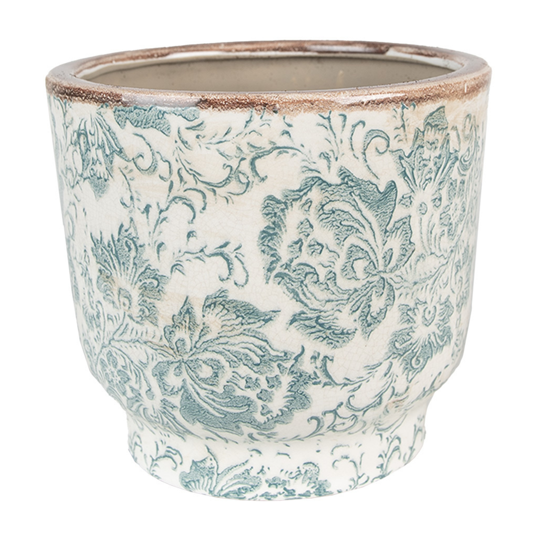 Clayre & Eef Innenblumentopf Ø 17 cm beige grün mit Blumenmotiv aus Keramik im Landhausstil