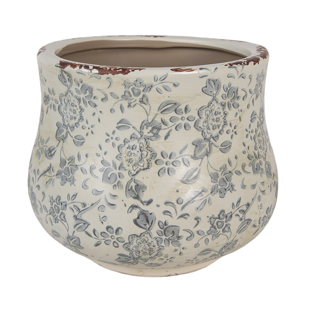Clayre Eef Blumentopf Keramik mit grauem Blumenmotiv im Landhausstil für Pflanzen