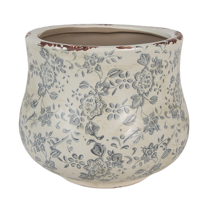 Clayre Eef Blumentopf Keramik mit grauem Blumenmotiv im Landhausstil für Pflanzen