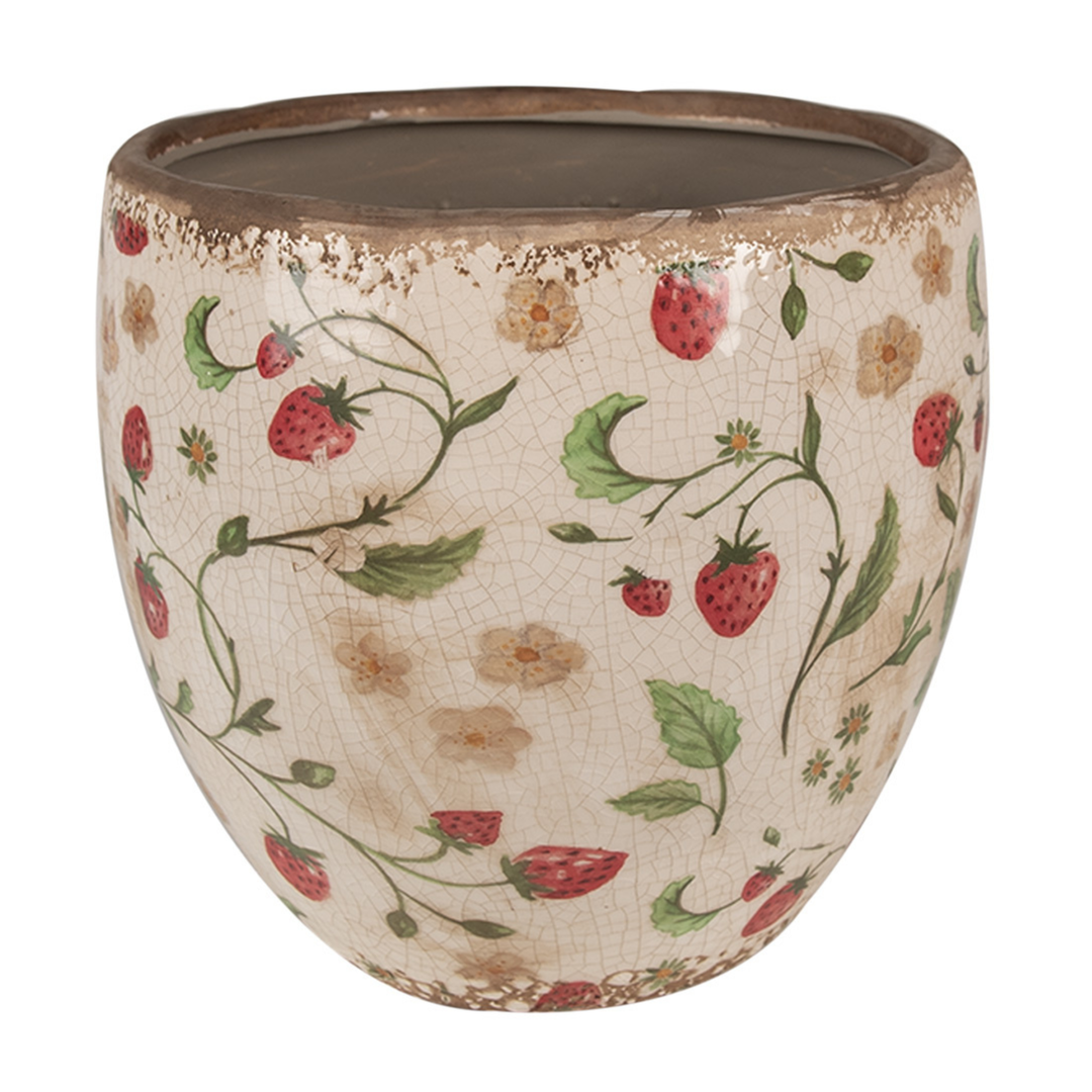 Clayre & Eef Blumentopf Ø 18 cm beige rot mit Erdbeermotiv aus Keramik im Landhausstil