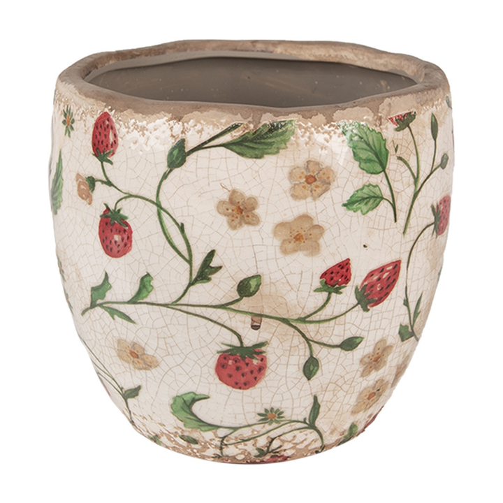 Clayre & Eef Blumentopf beige rot mit Erdbeermotiv aus Keramik im Landhausstil