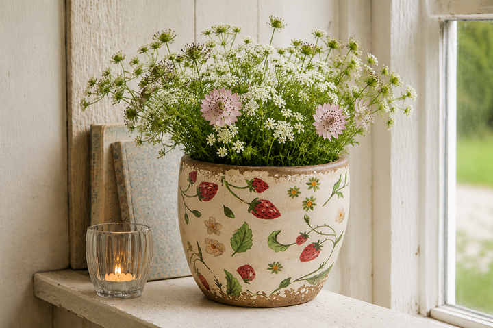 Clayre & Eef Blumentopf mit Erdbeermotiv auf Fensterbank im Landhausstil mit Wildblumen und Kerzenglas