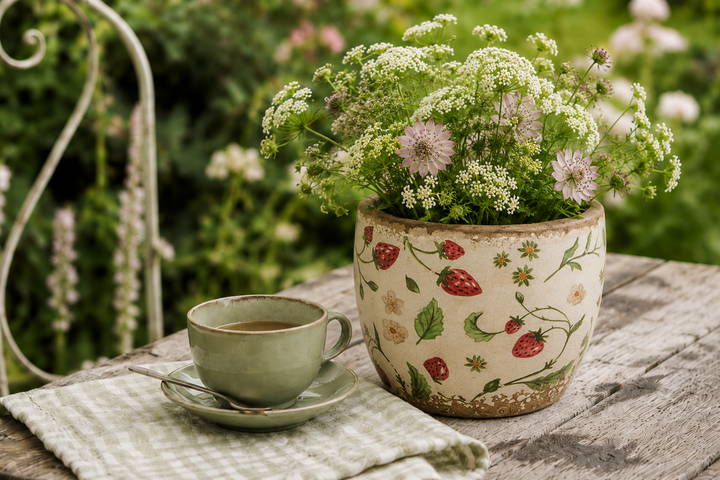 Clayre & Eef Blumentopf mit Erdbeermotiv auf rustikalem Gartentisch neben grüner Kaffeetasse im romantischen Landhausstil