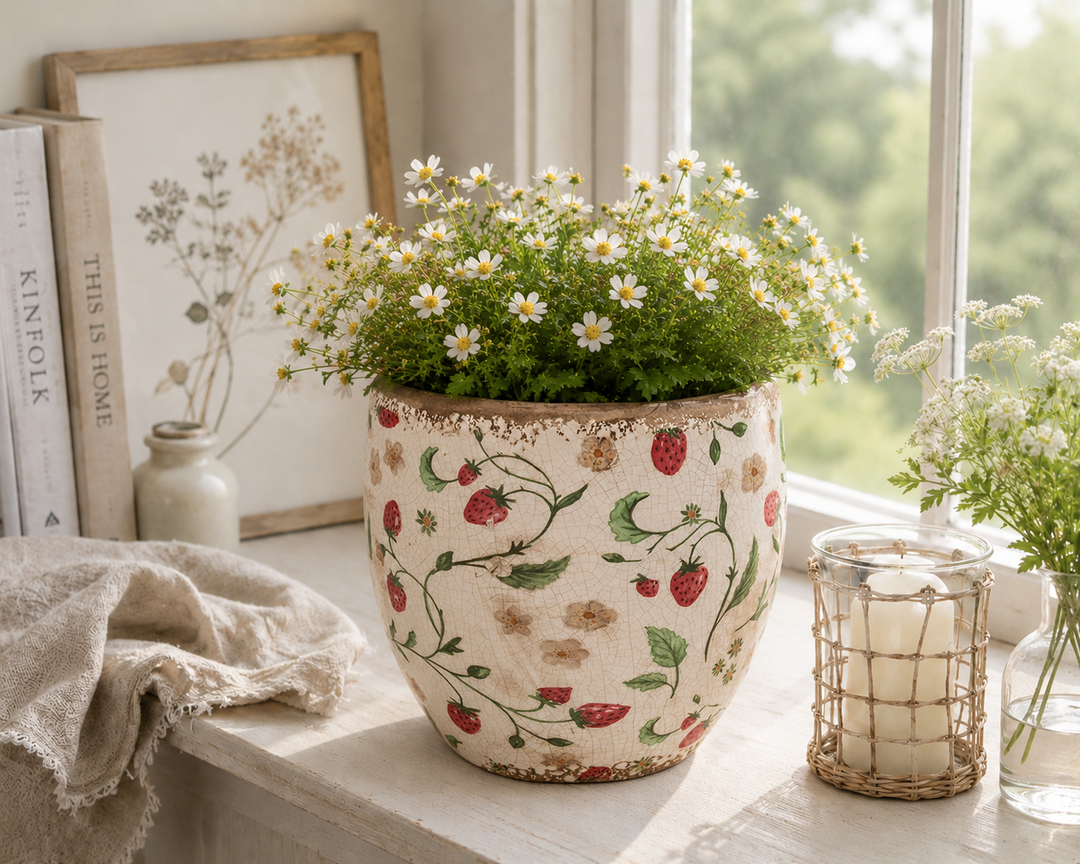 Clayre & Eef Blumentopf mit Erdbeermotiv auf heller Fensterbank im skandinavischen Landhausstil mit weißen Blumen