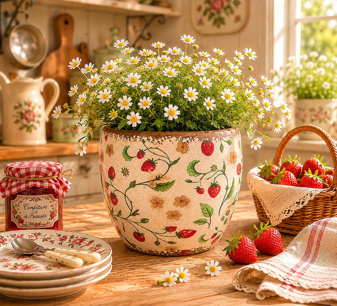 Clayre & Eef Blumentopf mit Erdbeermotiv in gemütlicher Landhausküche mit weißen Blumen und sommerlicher Dekoration