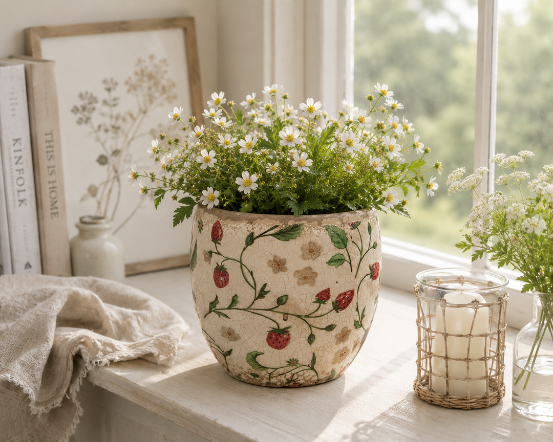 Clayre & Eef Blumentopf mit Erdbeermotiv auf heller skandinavischer Fensterbank im Hygge Stil