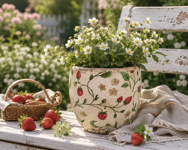 Clayre & Eef Blumentopf mit Erdbeermotiv auf weißer Gartenbank im romantischen Landhausstil