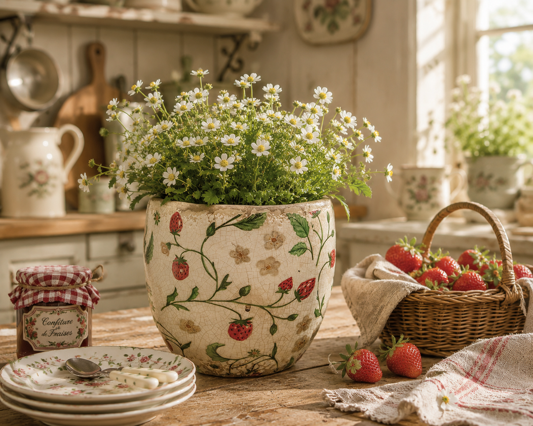 Clayre & Eef Blumentopf mit Erdbeermotiv in rustikaler Vintage Landhausküche dekoriert