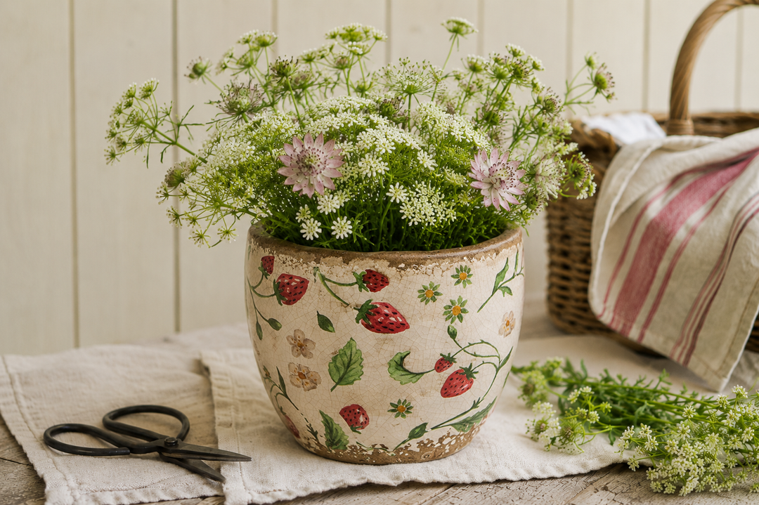 Dekorativer Clayre & Eef Blumentopf mit Erdbeermotiv und Blumenarrangement im romantischen Sommergarten Stil