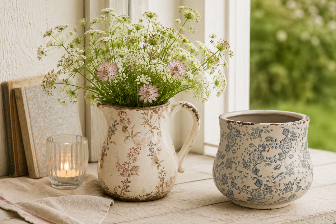 Dekorativer Clayre & Eef Blumentopf in Creme und Blau mit Blumenmotiv im romantischen Garten mit frischen Wiesenblumen
