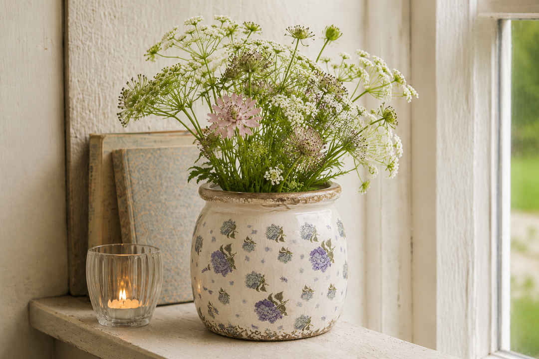 Clayre & Eef Blumentopf mit blauem Hortensienmotiv und Wildblumen auf heller Fensterbank im skandinavischen Landhausstil