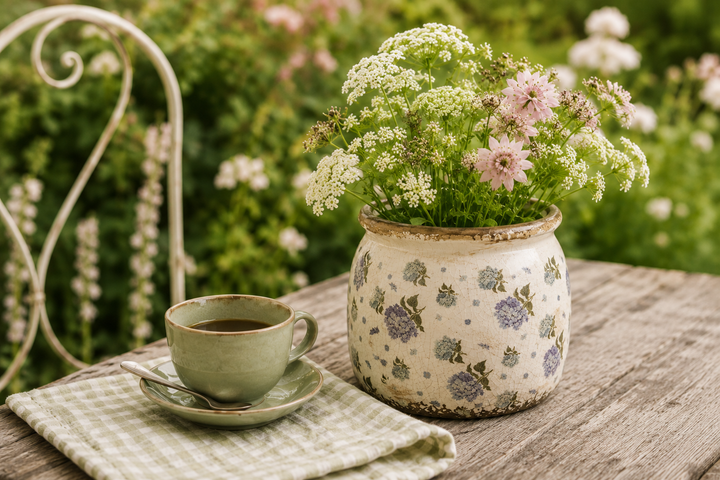 Clayre & Eef Blumentopf mit Hortensienmuster und Sommerblumen auf rustikalem Gartentisch neben grüner Kaffeetasse im romantischen Landhausstil