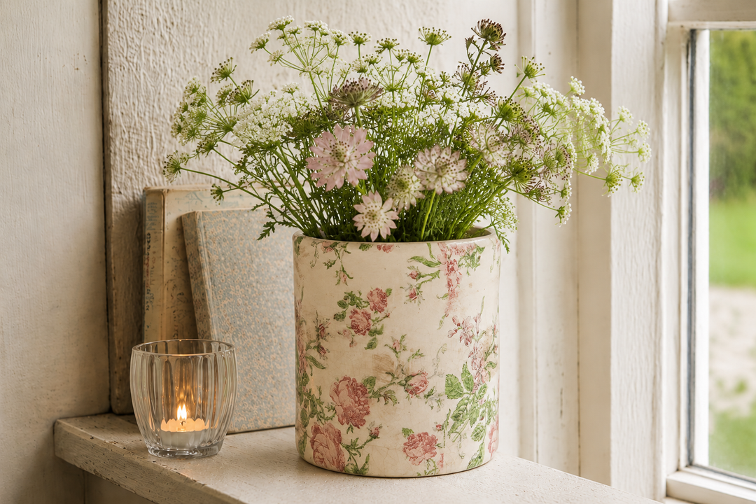 Clayre & Eef Blumentopf mit rosa Blumenmotiv auf Fensterbank im Landhausstil mit Wildblumen und Kerzenglas