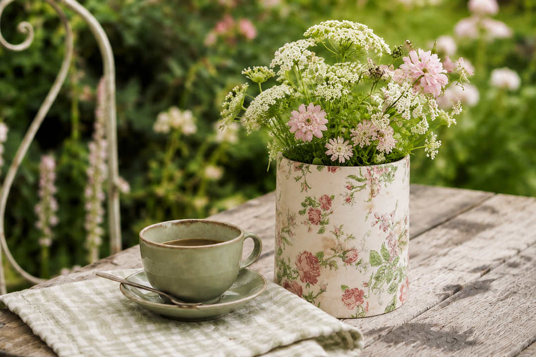 Clayre & Eef Blumentopf mit rosa Blumenmotiv als Vase mit Wildblumen auf rustikalem Gartentisch im Hygge Stil