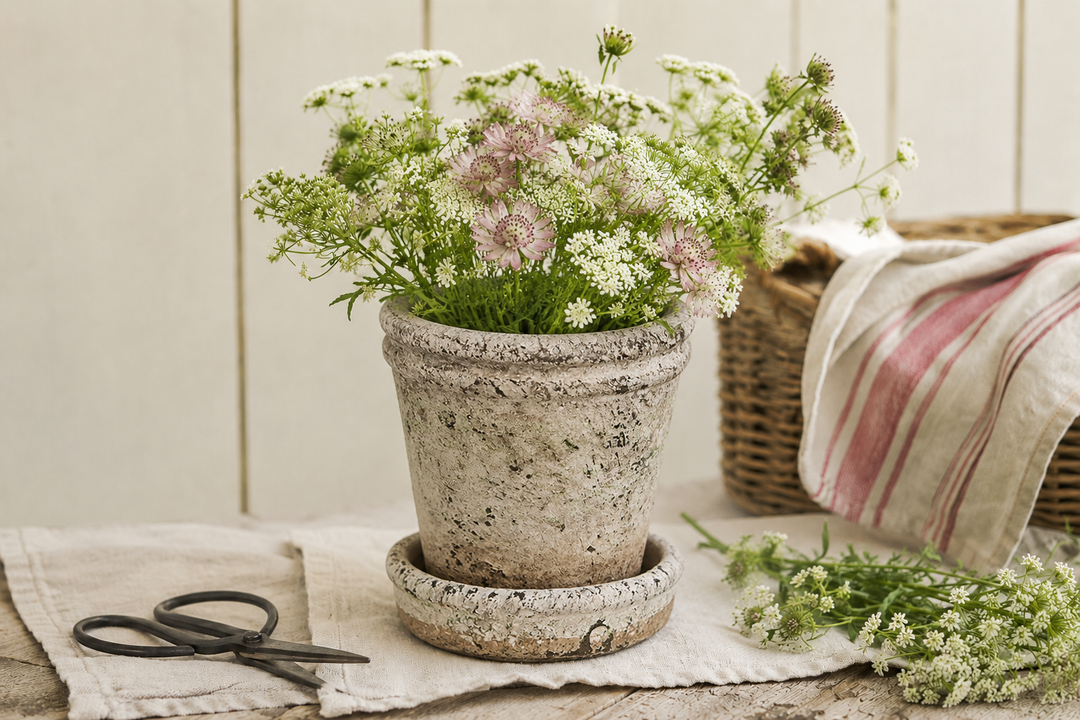 Rustikaler Clayre & Eef Blumentopf in Beige mit wilden Sommerblumen auf heller Fensterbank im Landhausstil