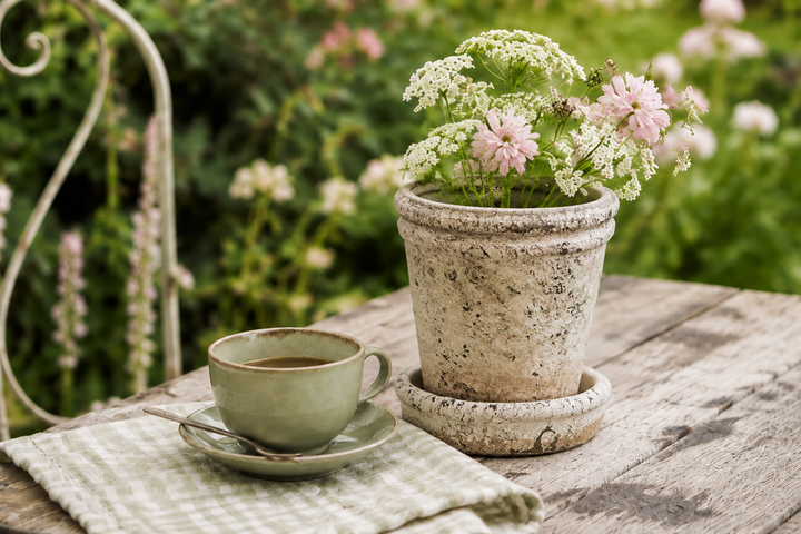 Clayre & Eef Blumentopf im Vintage Landhausstil mit weißen und rosa Sommerblumen auf rustikalem Gartentisch