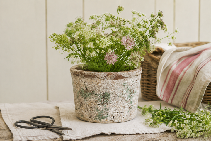 Clayre & Eef rustikaler Blumentopf Beige Grün mit Wildblumen im romantischen Gartenstil auf Holztisch