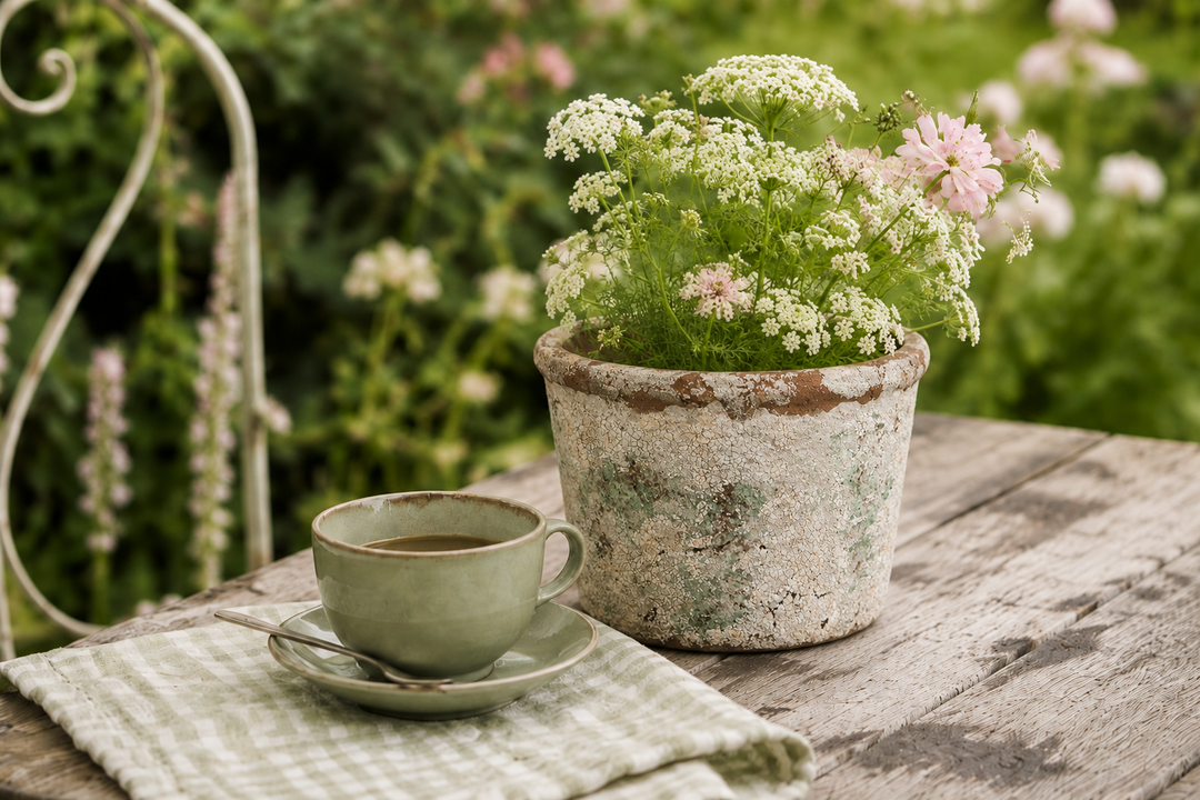 Clayre & Eef ovaler Blumentopf Vintage Beige Grün mit Wildblumen auf rustikalem Gartentisch neben Kaffeetasse