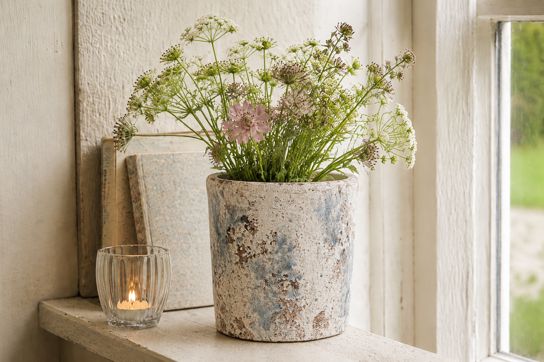 Clayre & Eef Blumentopf in Weiß-Blau im Vintage Landhausstil mit Wildblumen auf heller Fensterbank dekoriert