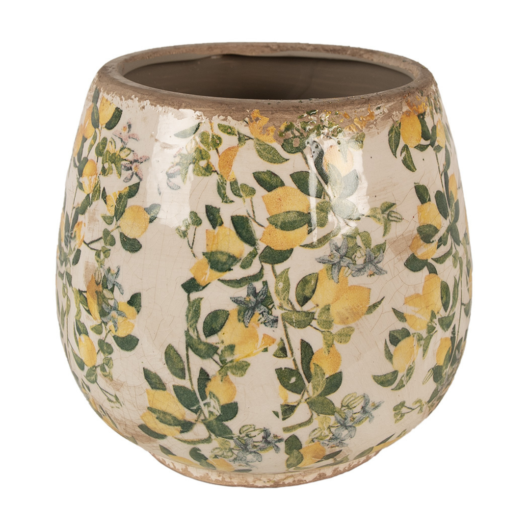 Clayre & Eef Blumentopf Ø 18 cm beige gelb mit Zitronenmotiv aus Keramik freigestellt