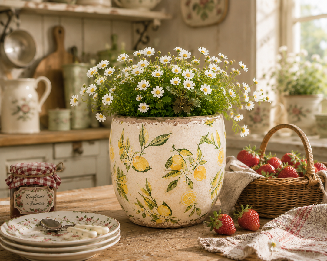 Clayre & Eef Blumentopf mit Zitronenmotiv und weißen Blüten in gemütlicher Landhausküche mit Erdbeeren und Vintage Dekoration
