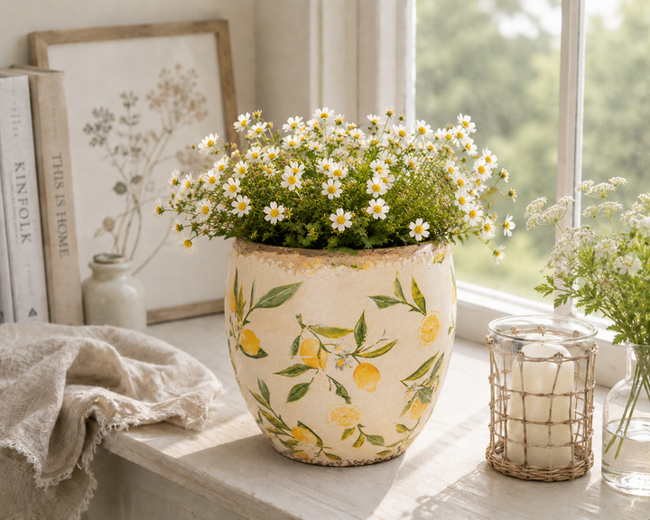 Clayre & Eef Keramik Blumentopf mit Zitronendekor auf heller Fensterbank im skandinavischen Landhausstil mit weißen Blumen