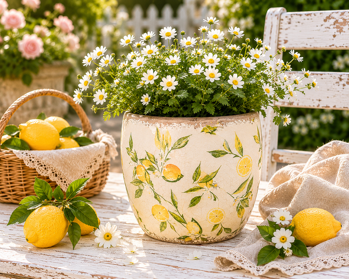 Clayre & Eef Blumentopf mit Zitronenmuster und weißen Margeriten im romantischen Landhausgarten mit Zitronen und Korb