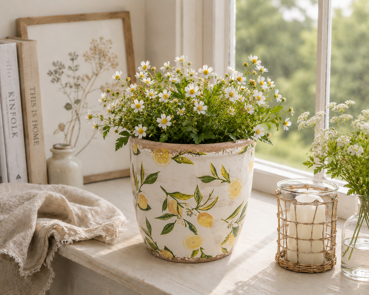 Clayre & Eef Blumentopf mit Zitronenmotiv auf heller Fensterbank im skandinavischen Landhausstil mit weißen Blüten