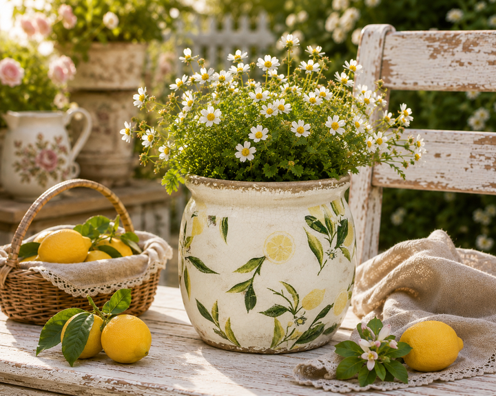 Clayre & Eef Blumentopf mit Zitronenmotiv auf heller Fensterbank im skandinavischen Landhausstil mit weißen Blumen und Kerzendeko.