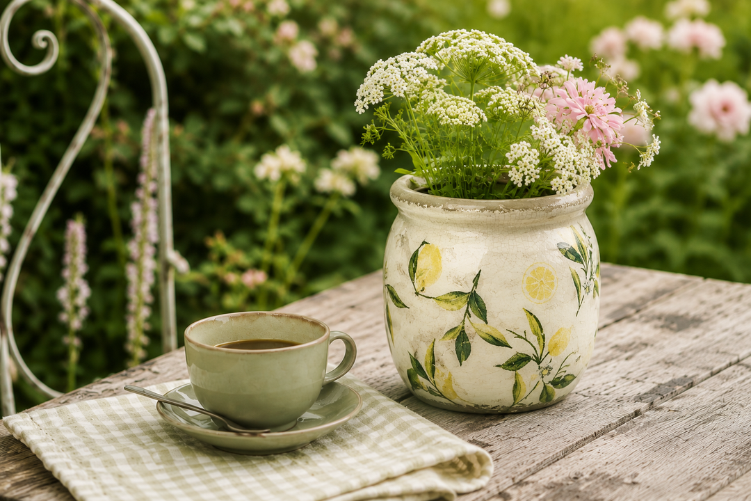 Clayre & Eef Blumentopf mit Zitronenmotiv auf rustikalem Gartentisch neben grüner Kaffeetasse und romantischer Sommerdekoration im Vintage Stil.