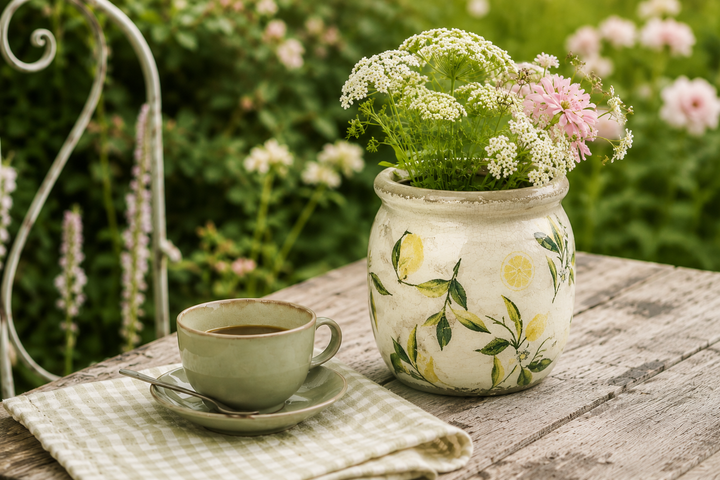 Clayre & Eef Blumentopf mit Zitronenmotiv auf rustikalem Gartentisch neben grüner Kaffeetasse und romantischer Sommerdekoration im Vintage Stil.