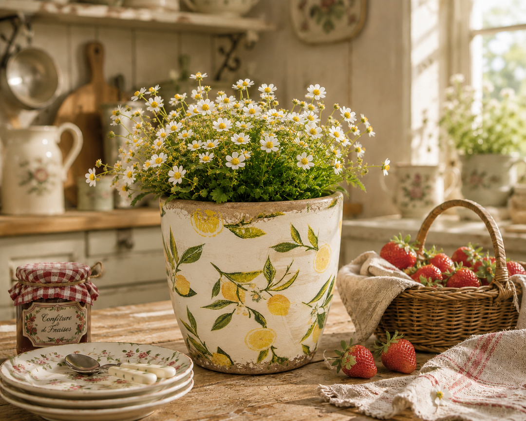 Clayre & Eef Blumentopf mit Zitronenmotiv in heller Landhausküche mit Sommerblumen und Erdbeeren
