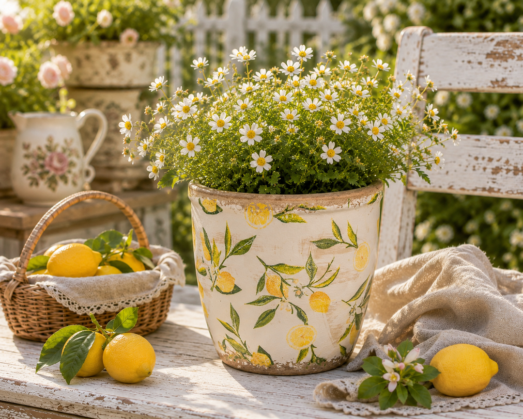 Clayre & Eef Blumentopf mit Zitronenmotiv im romantischen Landhausgarten mit weißen Sommerblumen und Zitronen