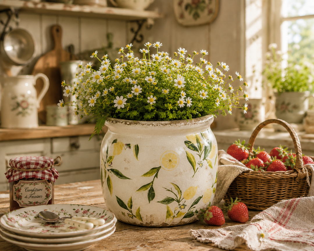 Clayre & Eef Blumentopf Beige Gelb mit Zitronenmotiv im sommerlichen Gartenstil mit Zitronen, weißen Blüten und natürlicher Landhausdekoration.