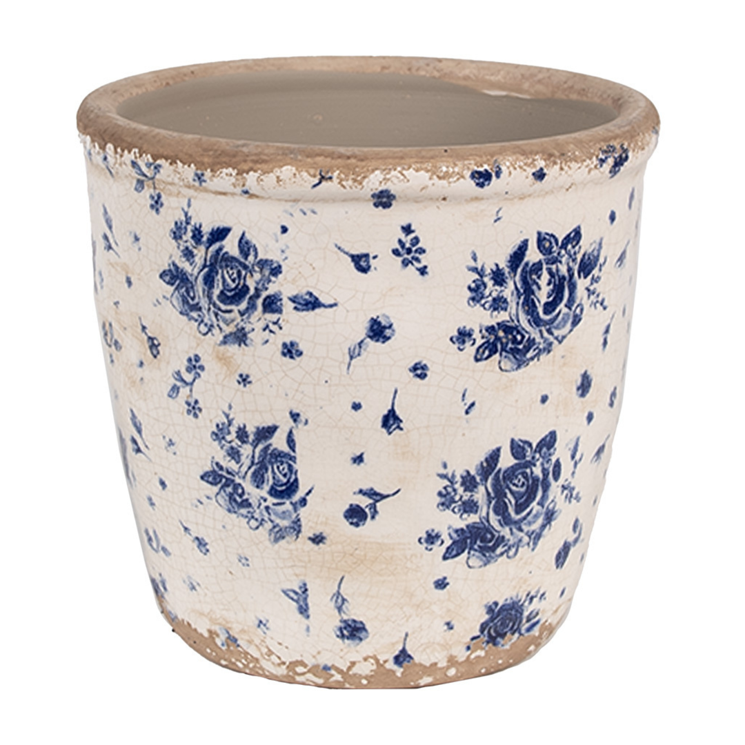 Clayre Eef Innenblumentopf Beige Blau mit Rosenmotiv aus Keramik im Landhausstil