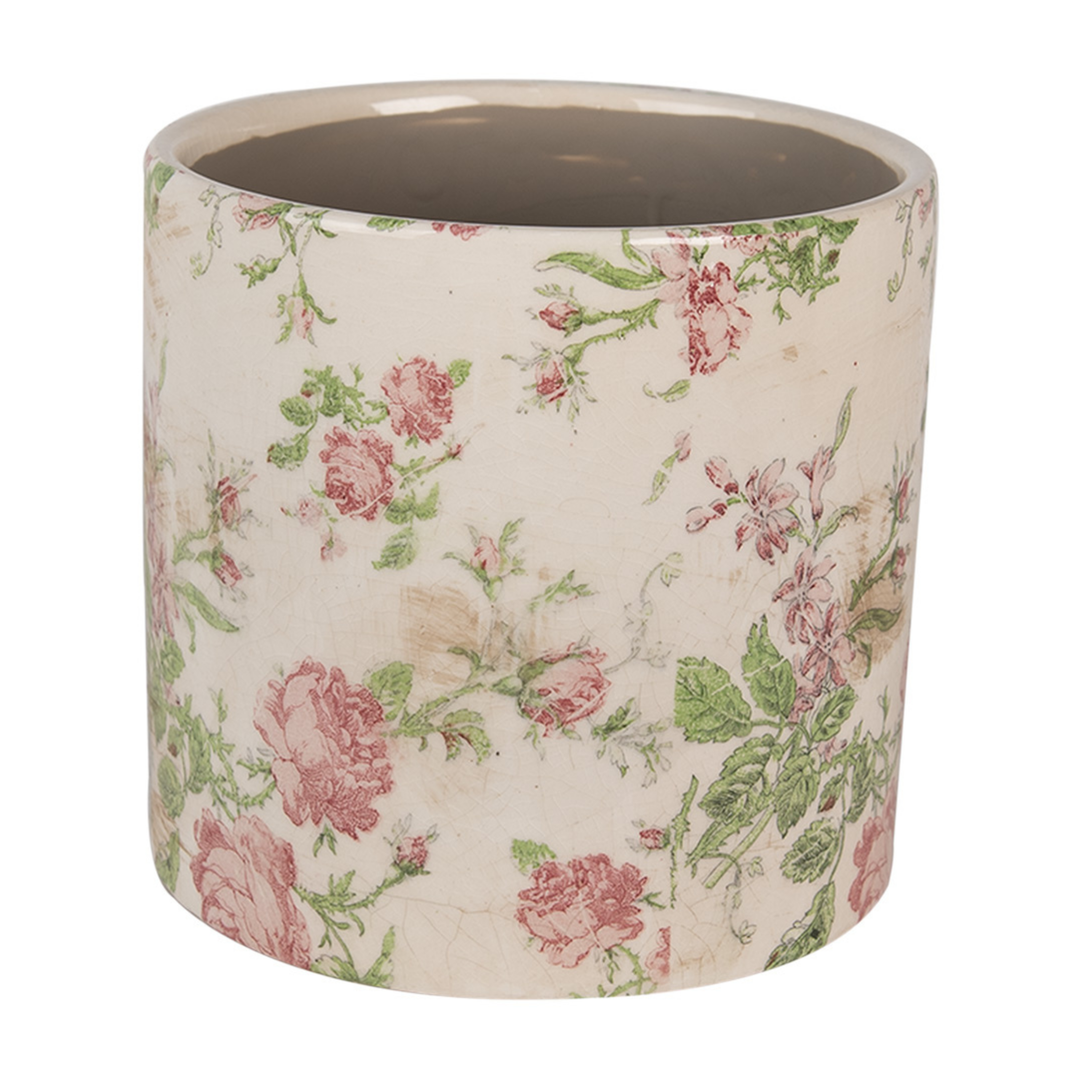 Clayre Eef Innenblumentopf Beige Rosa mit Blumenmotiv aus Keramik im Landhausstil