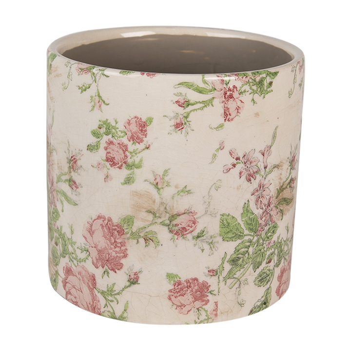 Clayre Eef Innenblumentopf Beige Rosa mit Blumenmotiv aus Keramik im Landhausstil