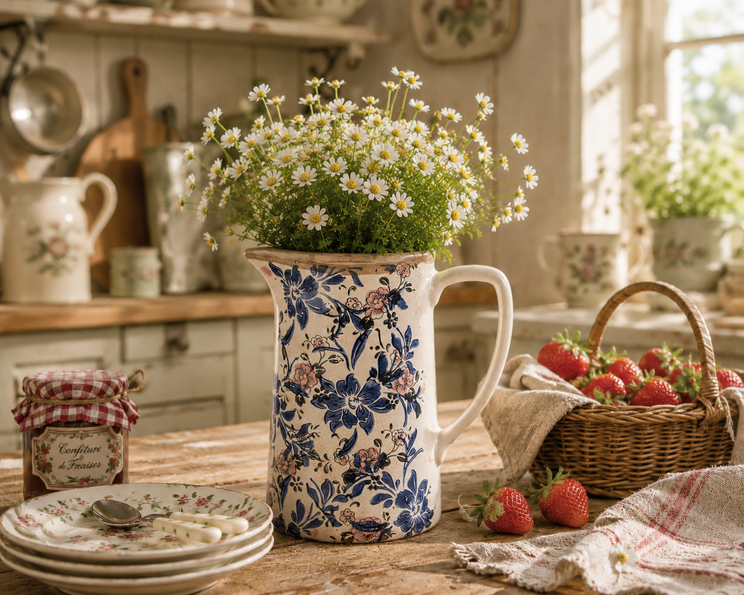 Clayre & Eef Kanne mit blau-rosa Blumenmuster als Vase mit weißen Margeriten in einer romantischen Landhausküche im Vintage Stil