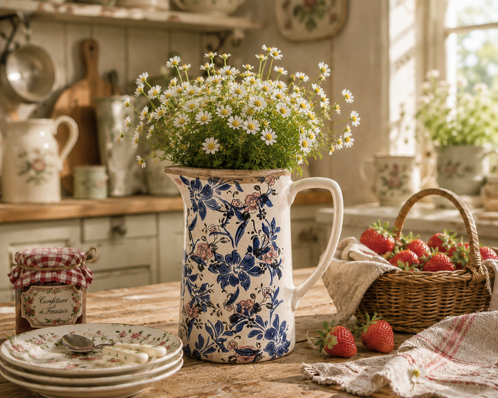 Clayre & Eef Kanne mit blau-rosa Blumenmuster als Vase mit weißen Margeriten in einer romantischen Landhausküche im Vintage Stil