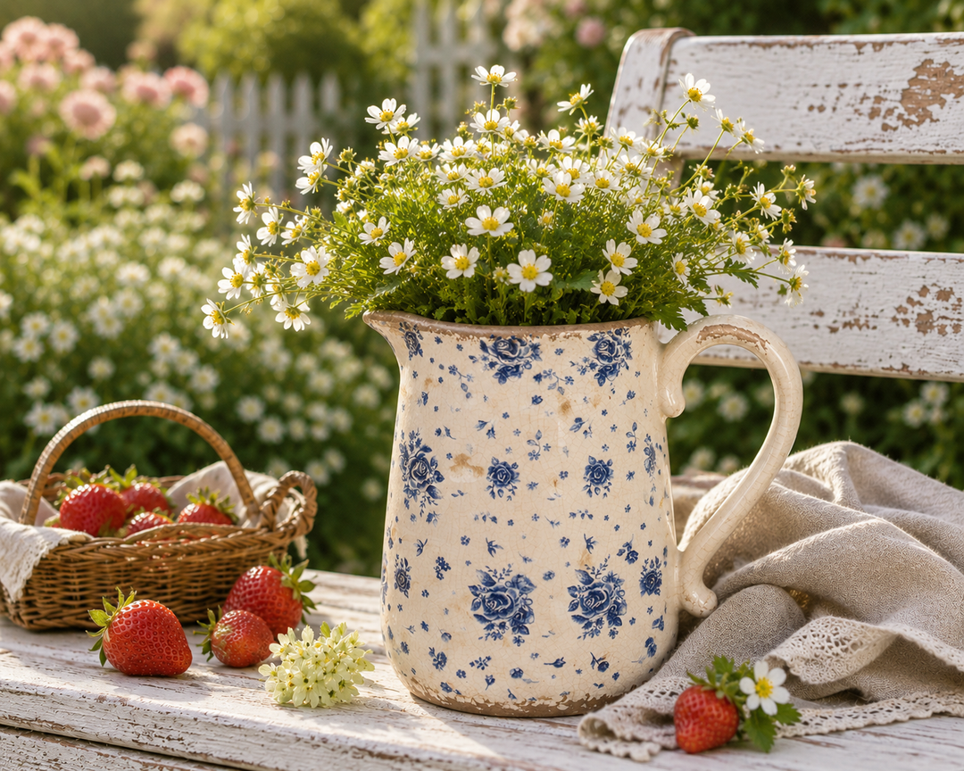 Clayre & Eef Vintage Kanne mit blauem Rosenmuster im romantischen Landhausstil auf sonniger Gartenterrasse dekoriert mit Blumen und Erdbeeren