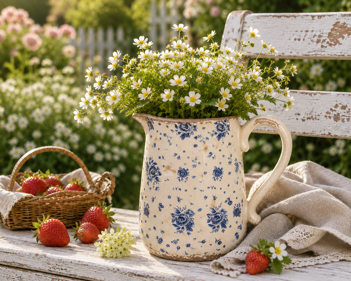 Clayre & Eef Vintage Kanne mit blauem Rosenmuster im romantischen Landhausstil auf sonniger Gartenterrasse dekoriert mit Blumen und Erdbeeren